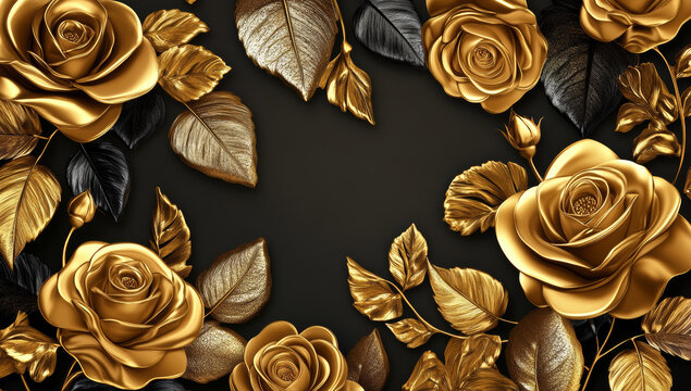 Elegant golden roses and leaves create luxurious floral arrangement on dark background, evoking sense of opulence and beauty. This stunning design is perfect for various decorative purposes