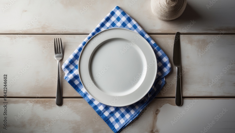 Poster flat lay of an empty dish, cutlery, and towel on table, view from above with room for text