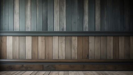 Unoccupied area with vintage wooden flooring and walls. Detailed photo of skirting