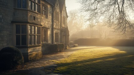 Fototapeta premium An old stone house basks in the morning sunlight with fog