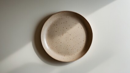 Dotted ceramic plate in beige, set against background. Close-up view from the top.