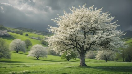 Obraz premium Vibrant white blooms of fruit tree branches under an overcast sky.