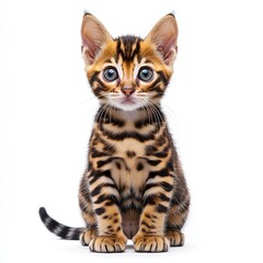 Fototapeta premium Bengal kitten with striking blue eyes sitting on a white background during bright indoor lighting