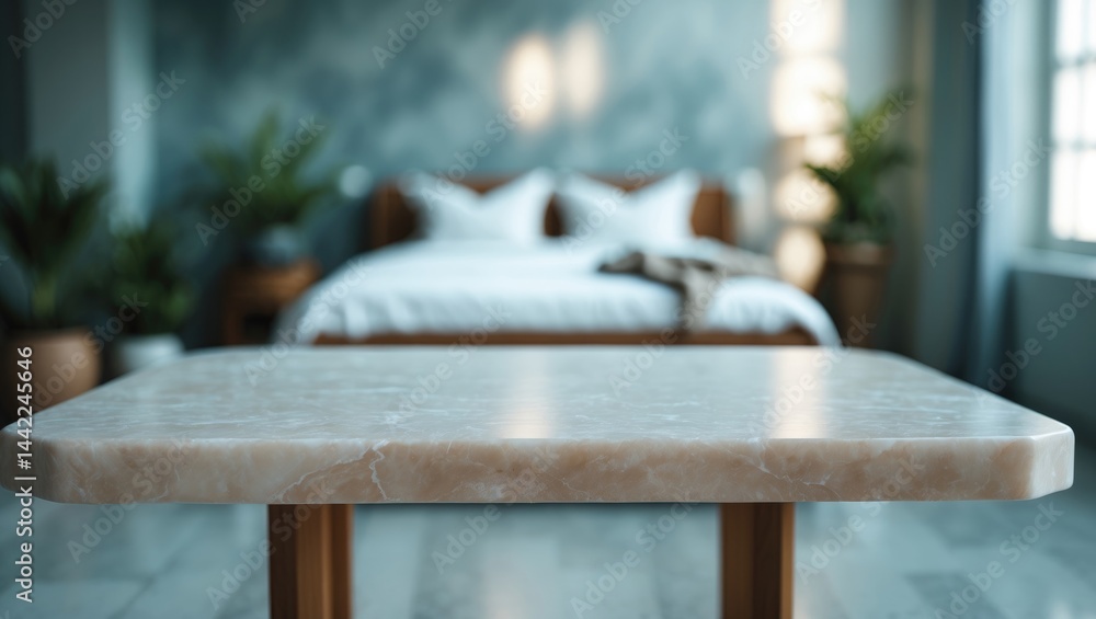 Aufkleber Marble stone table devoid of objects against a blurred interior backdrop ideal for montage or layout purposes