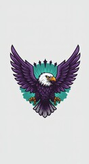 Fototapeta premium Eagle Spreading Wings Graphic Design with Purple Feathers and Teal Background