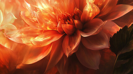 Obraz premium stunning close up of vibrant orange pink flower, showcasing its intricate petals and leaves. warm hues create captivating and emotional atmosphere, highlighting beauty of nature