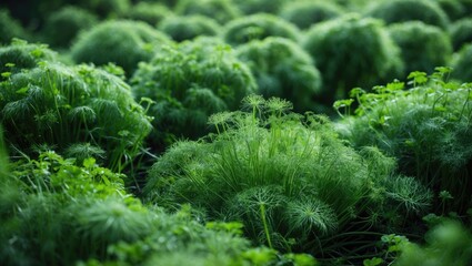 Top view of a young dill field with lush green dill plants suitable for publication, design, poster, screensaver, wallpaper, banner, cover, website in high-resolution photography
