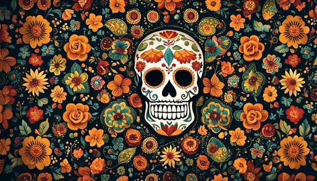 Sugar Skull on Floral Background