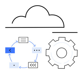 Cloud outline above circular workflow arrows and gear design. Ideal for automation, cloud services, system integration, process optimization, data exchange, digital workflow, simple landing page