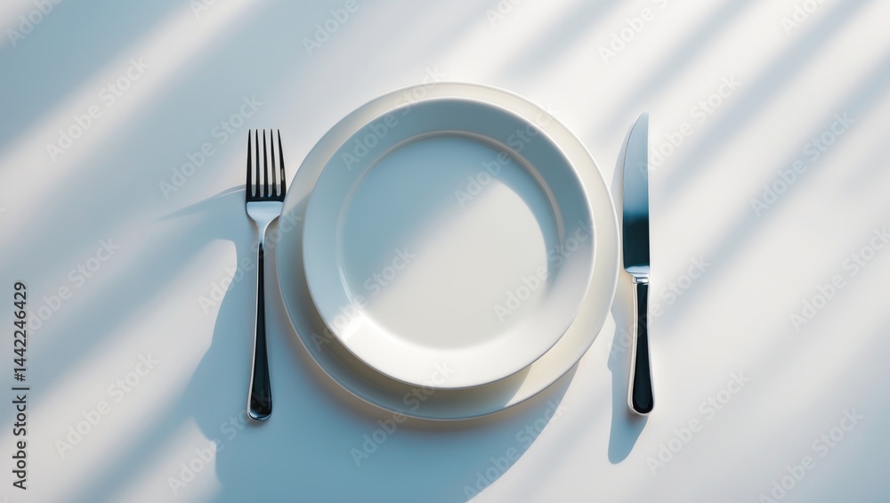 Poster white background featuring an empty plate and a spoon, fork, and knife, top view