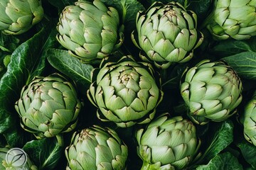Fototapeta premium Fresh green artichokes surrounded by leafy greens in a vibrant market setting