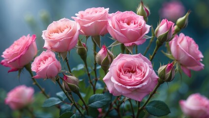 Aphid-covered pink rose flowers, stems, and emerging buds