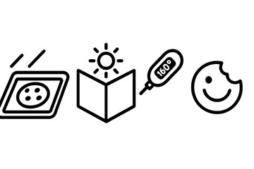 The sun-baked icons include symbols for tray, reflector, temperature, and taste