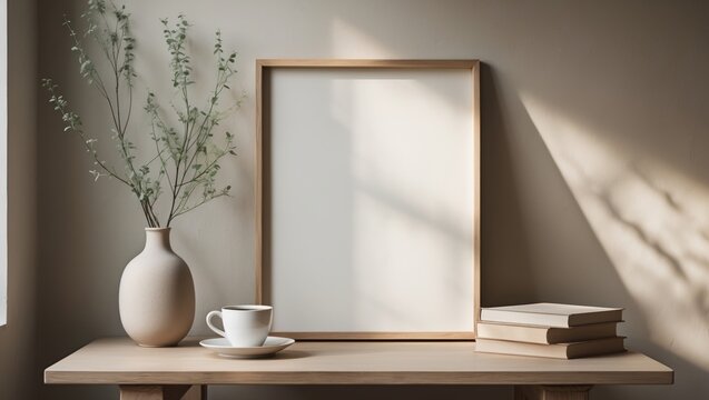 Modern home workspace featuring a blank horizontal picture frame mockup, coffee mug on table, wall background, decorative vase with branches, and stylish interior decor. - Powered by Adobe