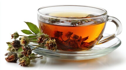 Fototapeta premium a fresh cup of herbal tea on a white isolated background, calming and warm look