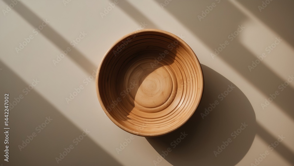 Poster Top view of an empty wooden bamboo bowl with shadow and copy space for text