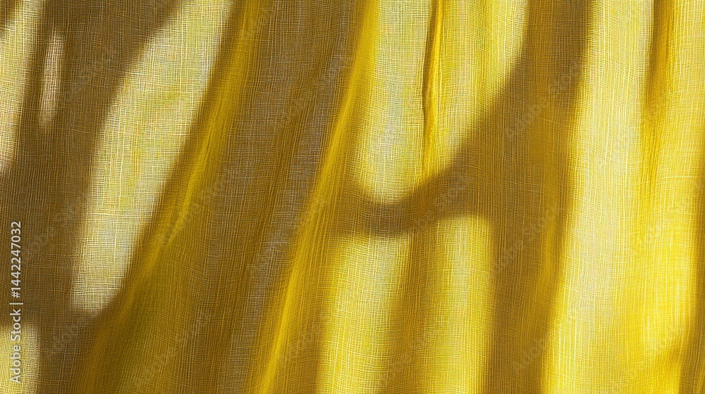 Poster yellow fabric curtain with shadows and light creating abstract patterns