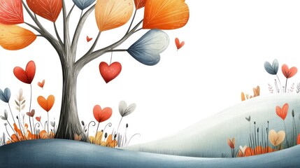 A large tree in the park with heart-shaped leaves gently falling to the ground. A soft golden sunset casts a romantic glow, perfect for Valentine's Day. Watercolor style.
