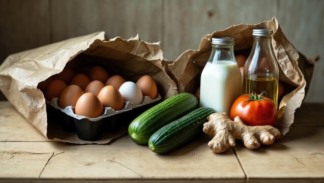 Secure delivery service showcasing a paper shopping bag containing different foods for donation