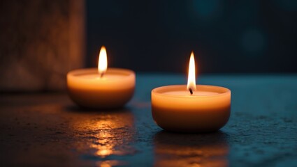 Warm cozy background image with space showcasing burning paraffin citronella candles at twilight