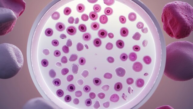 Examination of human blood smear at 100X magnification with visible platelet clumping and abnormal erythrocytes.