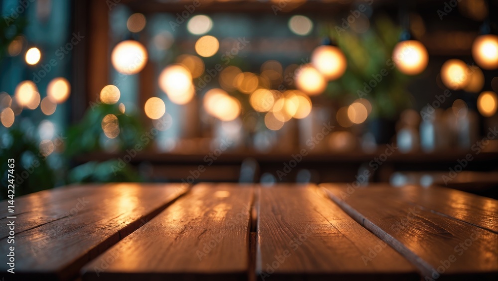 Leinwandbilder bokeh lights creating a blur behind an empty wooden tabletop