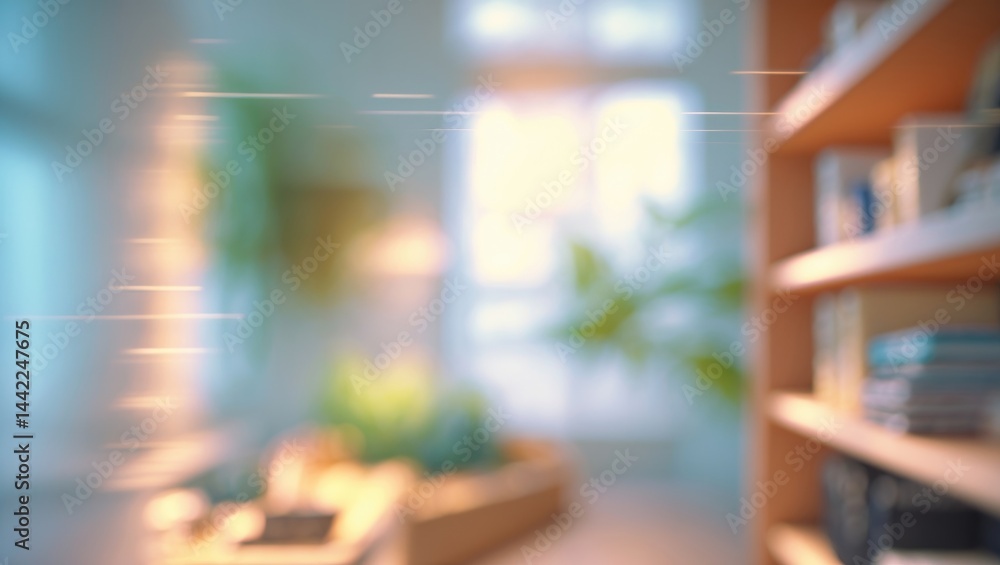 Poster Hazy background of a tastefully designed lounge displaying modern minimalist bookcases, warm timber tones, and natural components, generating a snug and inviting ambiance.
