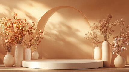minimalist podium display featuring arch in background, adorned with elegant vases filled with dried flowers. warm, earthy tones create serene and inviting atmosphere