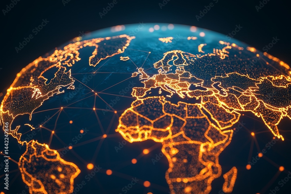 Poster glowing world map with interconnected lights and network design.