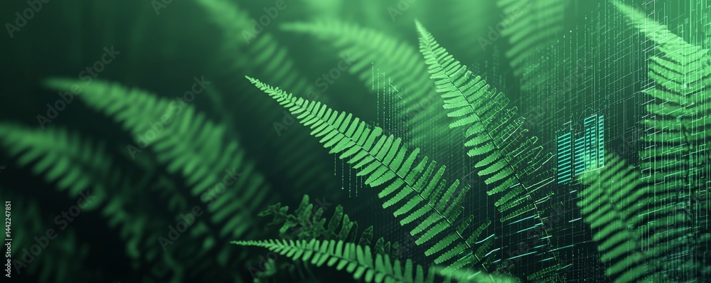 Poster lush green ferns with intricate patterns and textures.