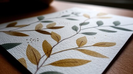 Naklejka premium Watercolor botanical illustration of various leaves and small flower buds on textured paper