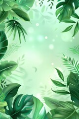 Obraz premium Tropical green leaves frame border with light bokeh on green background