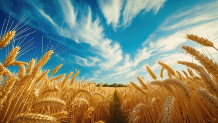 Wheat field in golden hues under the sky and clouds
