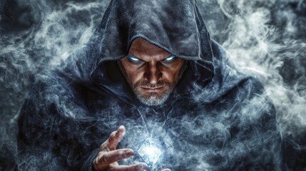 A mysterious magician, wearing a hood and with silver hair, stares intently at the camera, surrounded by mystical smoke that swirls around him.