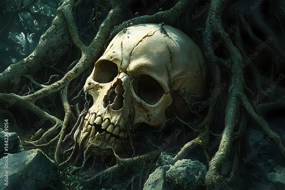 Poster skull nestled within tangled roots and rocks.