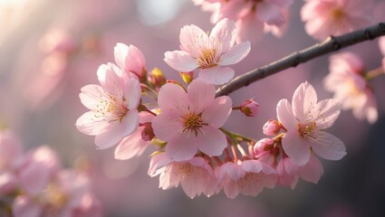 Obraz premium Beautiful pink sakura flowers against a floral backdrop with shallow focus
