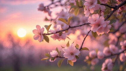 Obraz premium Sunset rays illuminate pink apricot blossoms on tree branches, evoking feelings of hope and renewal