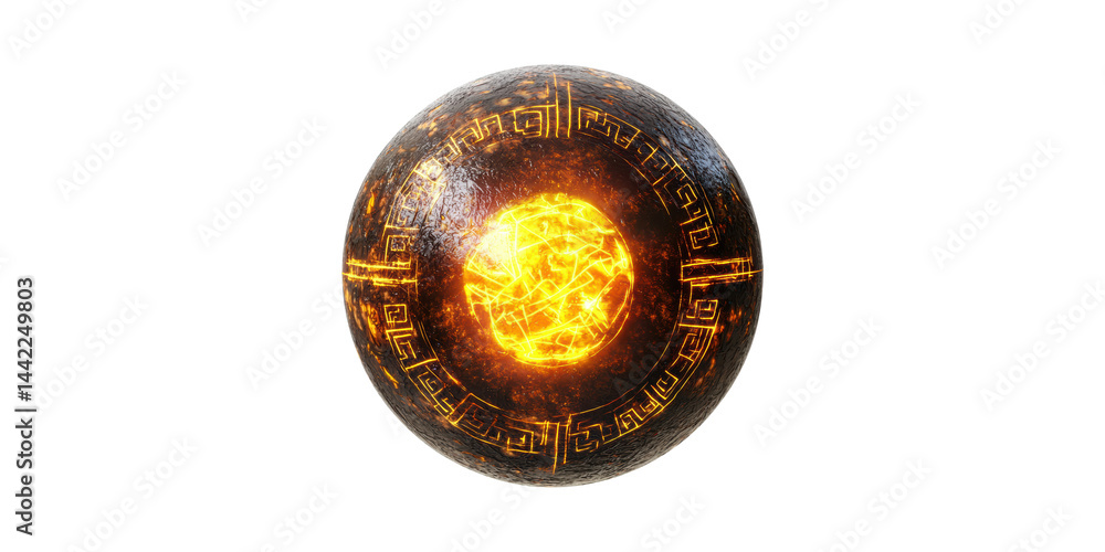 Poster glowing orb with intricate patterns and fiery core. mystical energy and ancient symbolism isolated o