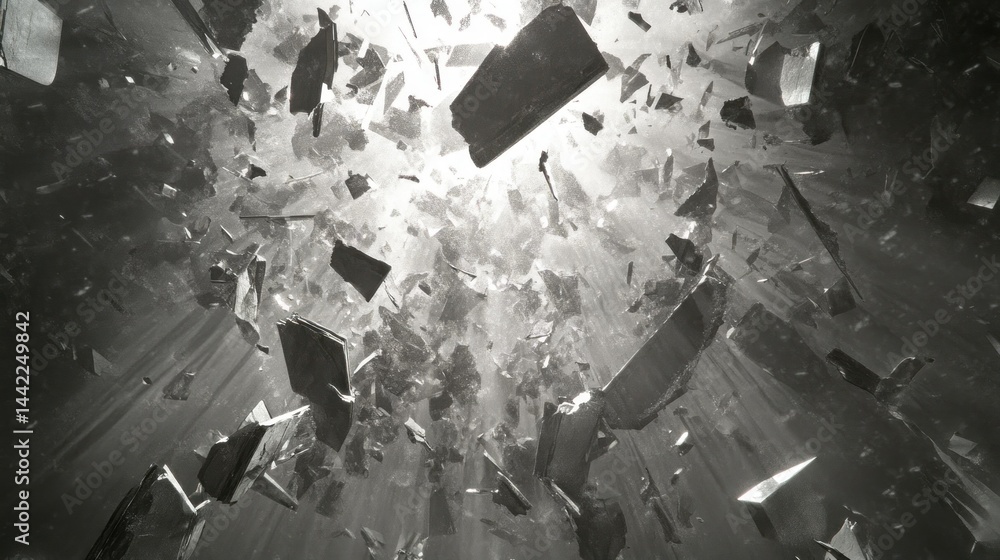 Poster abstract depiction of breaking shards with bright rays of light