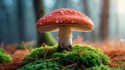Heap of forest earth and green moss accompanied by a mushroom isolated on a white canvas.