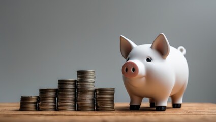 Savings concept with pig piggy bank and coin stack on white background