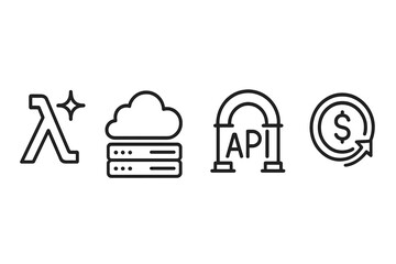 Serverless icons featuring function, cloud, gate, and savings