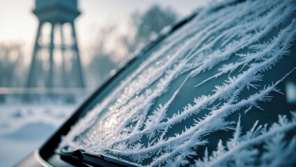 Ice and snow on a car's front windshield.