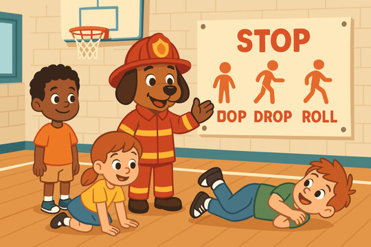 Flat safety-education scene mixing mascot fun and fire-prep tips