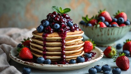 Sweet breakfast pancakes layered with berry jam and preserves, featuring a blank background for customization.