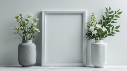 Living space interior adorned with decorative elements. Mockup including a white frame and a vase with small flowers and green leaves.