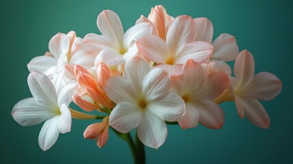Fototapeta premium Elegant White and Peach Flower Bouquet on Teal Background flower flowers floral blossom blossoms pet