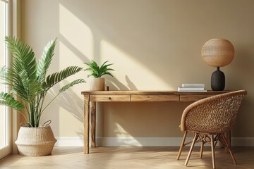 Stylish home workspace featuring a wooden desk, chair, and indoor plants in a well-lit room