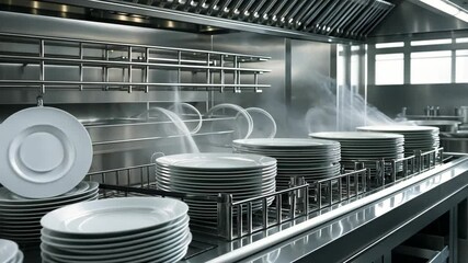 Industrial Dishwashing Line with Plates and Steam in Large Kitchen