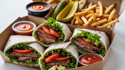 Hearty meal in a takeout box includes wrapped sandwiches filled with meat and vegetables, along with crispy fries and pickles.